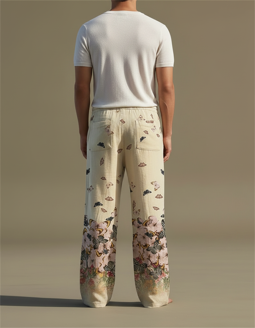 Pantalon Patte D'Éléphant Beige Lin Imprimé Papillons Floral Ample - vue 2