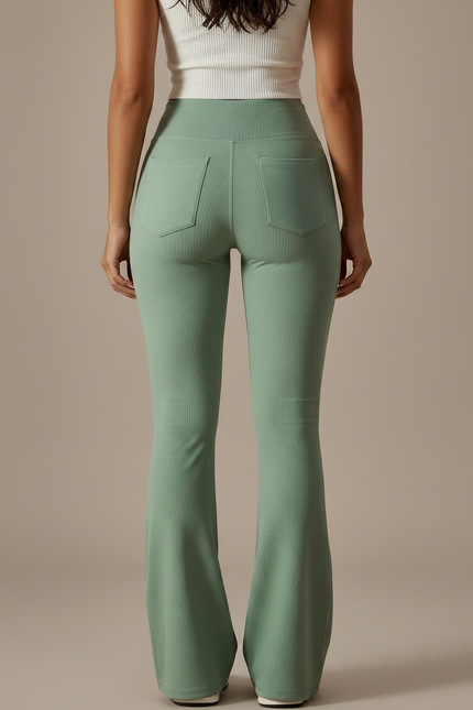 Pantalon Patte D'Éléphant Vert Côtelé Taille Haute Évasé Confortable - Maille - vue 2