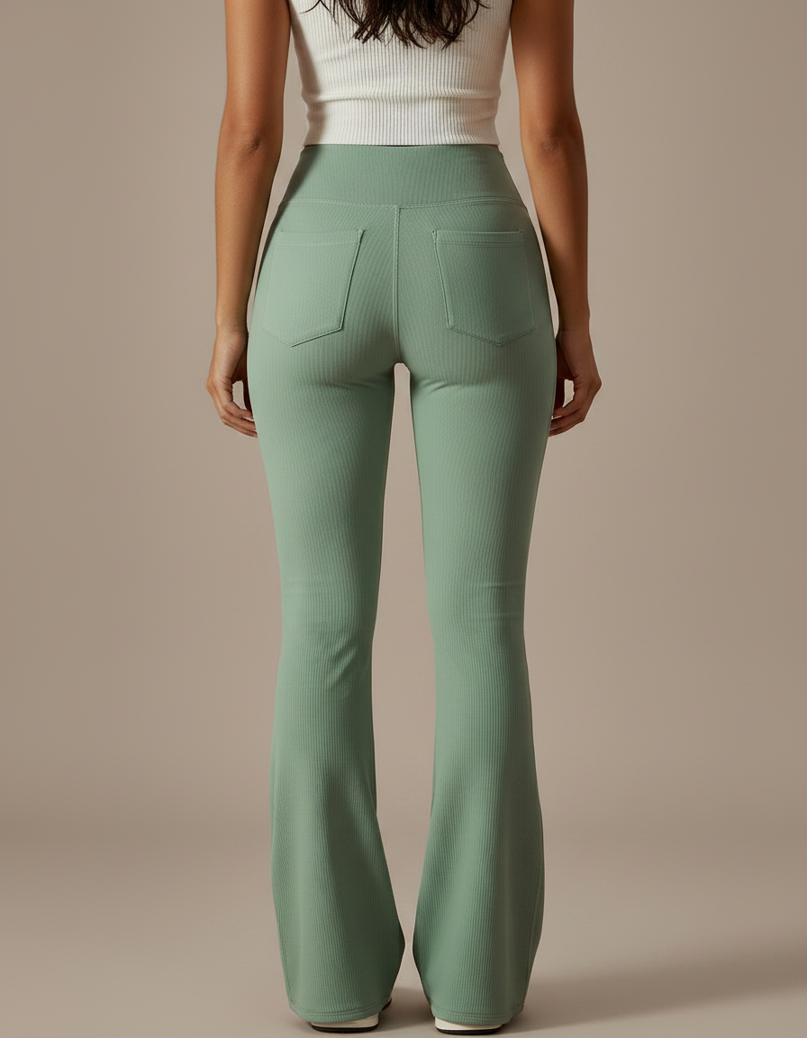 Pantalon Patte D'Éléphant Vert Côtelé Taille Haute Évasé Confortable - Maille - vue 2