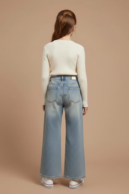 Pantalon Patte D'Éléphant Denim Large Nœuds Brodés Fille - Bleu Jean - vue 2