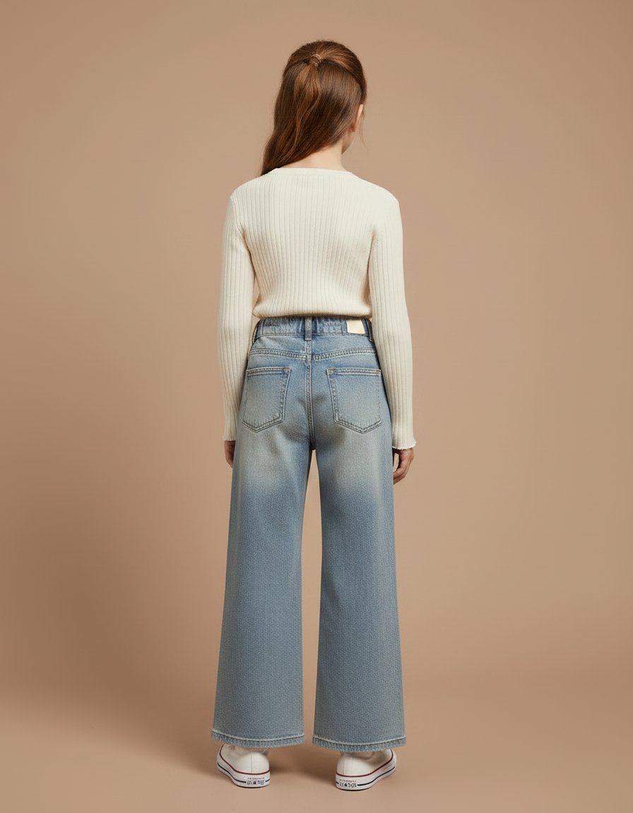 Pantalon Patte D'Éléphant Denim Large Nœuds Brodés Fille - Bleu Jean - vue 2