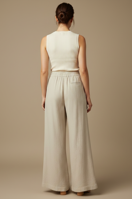 Pantalon Patte D'Éléphant Beige Lin Ample Léger Décontracté - vue 2