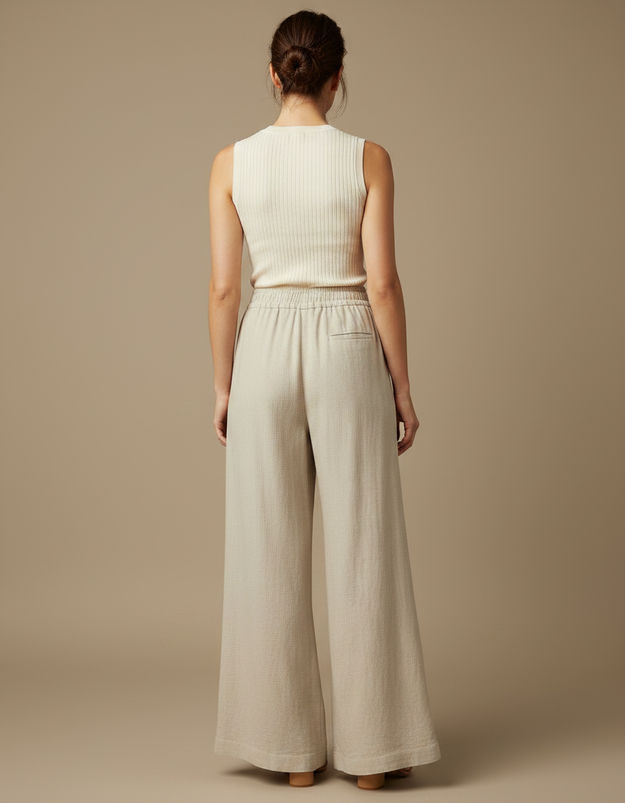 Pantalon Patte D'Éléphant Beige Lin Ample Léger Décontracté - vue 2