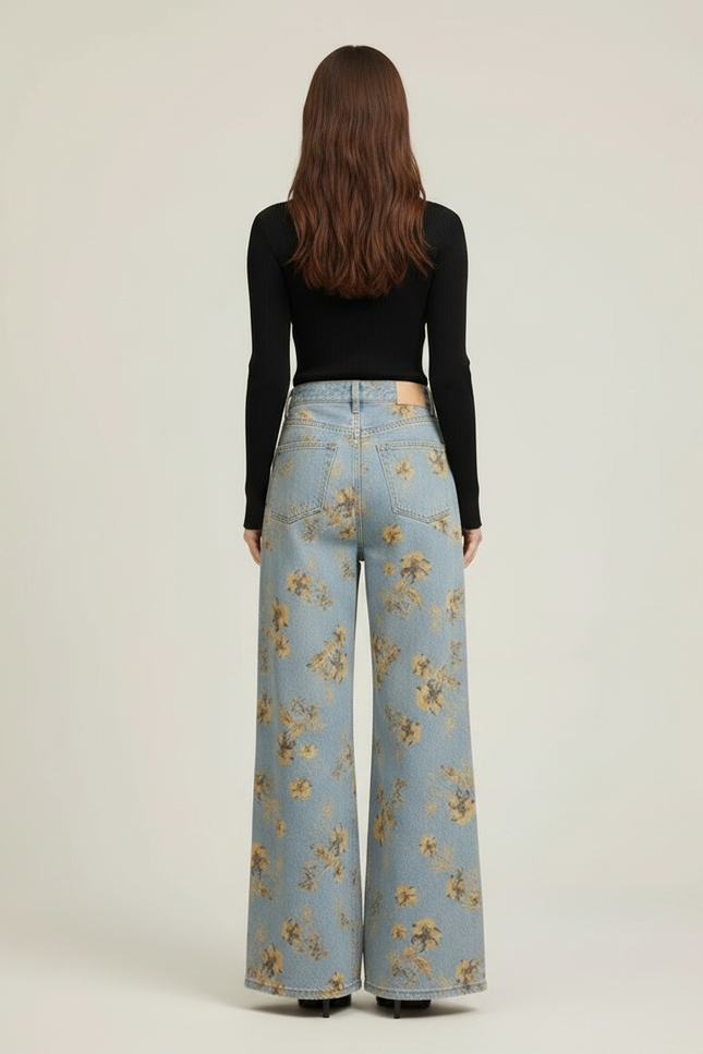 Pantalon Patte D'Éléphant Évasé Bleu Fleuri Vintage Taille Haute - Imprimé Jean - vue 2