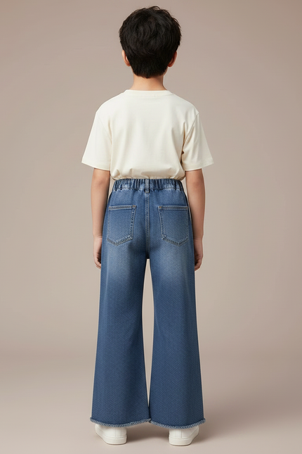 Pantalon Patte D'Éléphant Denim Bleu Évasé Frangé Enfant - Jean - vue 2