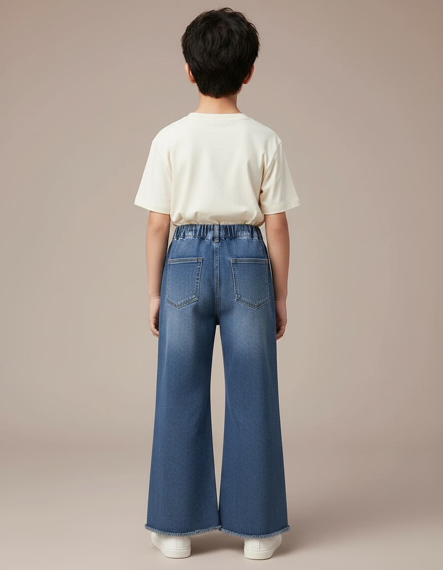 Pantalon Patte D'Éléphant Denim Bleu Évasé Frangé Enfant - Jean - vue 2