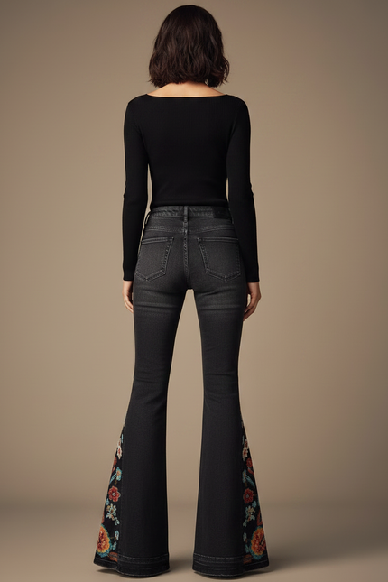 Pantalon Patte D'Éléphant Noir Brodé Floral Vintage Évasé - Jean - vue 2