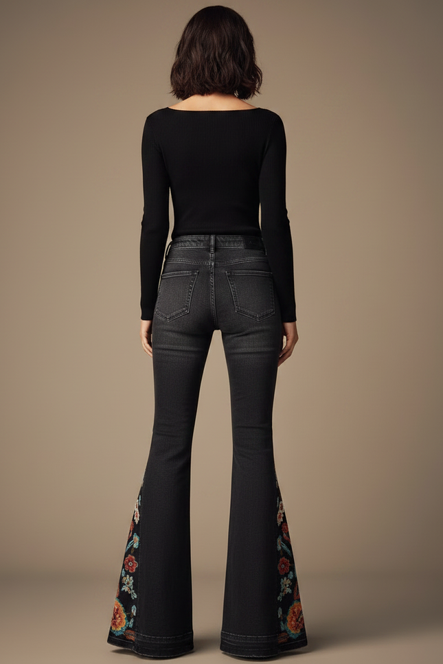 Pantalon Patte D'Éléphant Noir Brodé Floral Vintage Évasé - Jean - vue 2