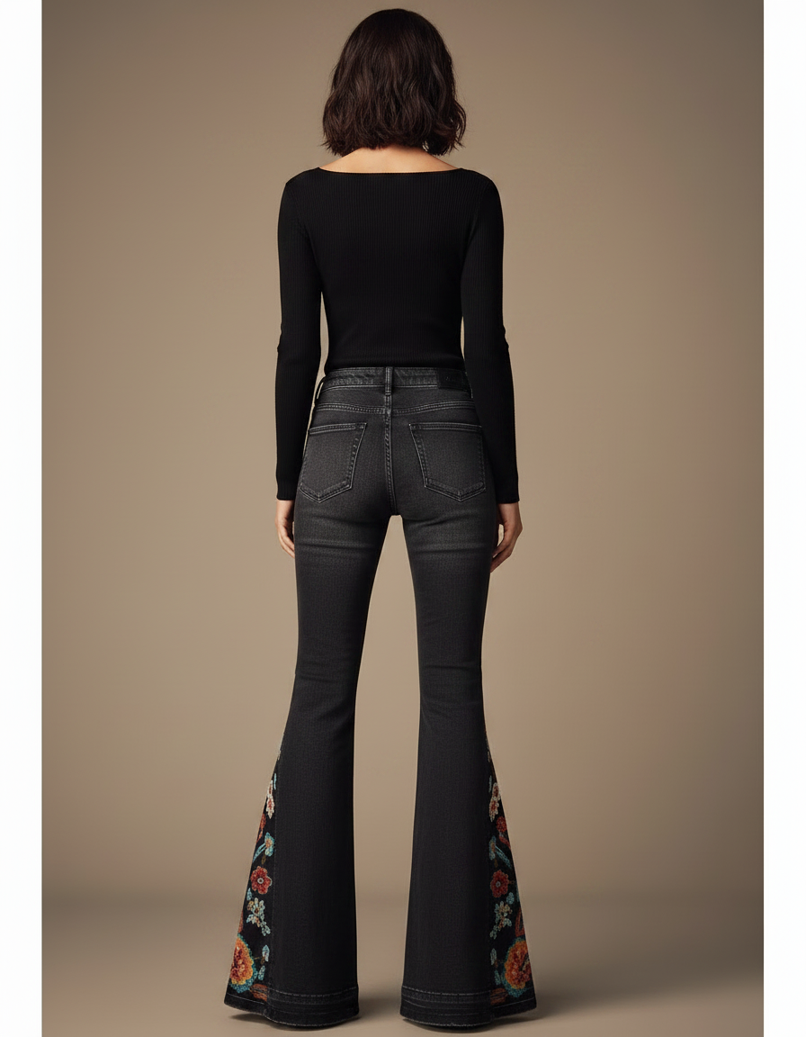 Pantalon Patte D'Éléphant Noir Brodé Floral Vintage Évasé - Jean - vue 2