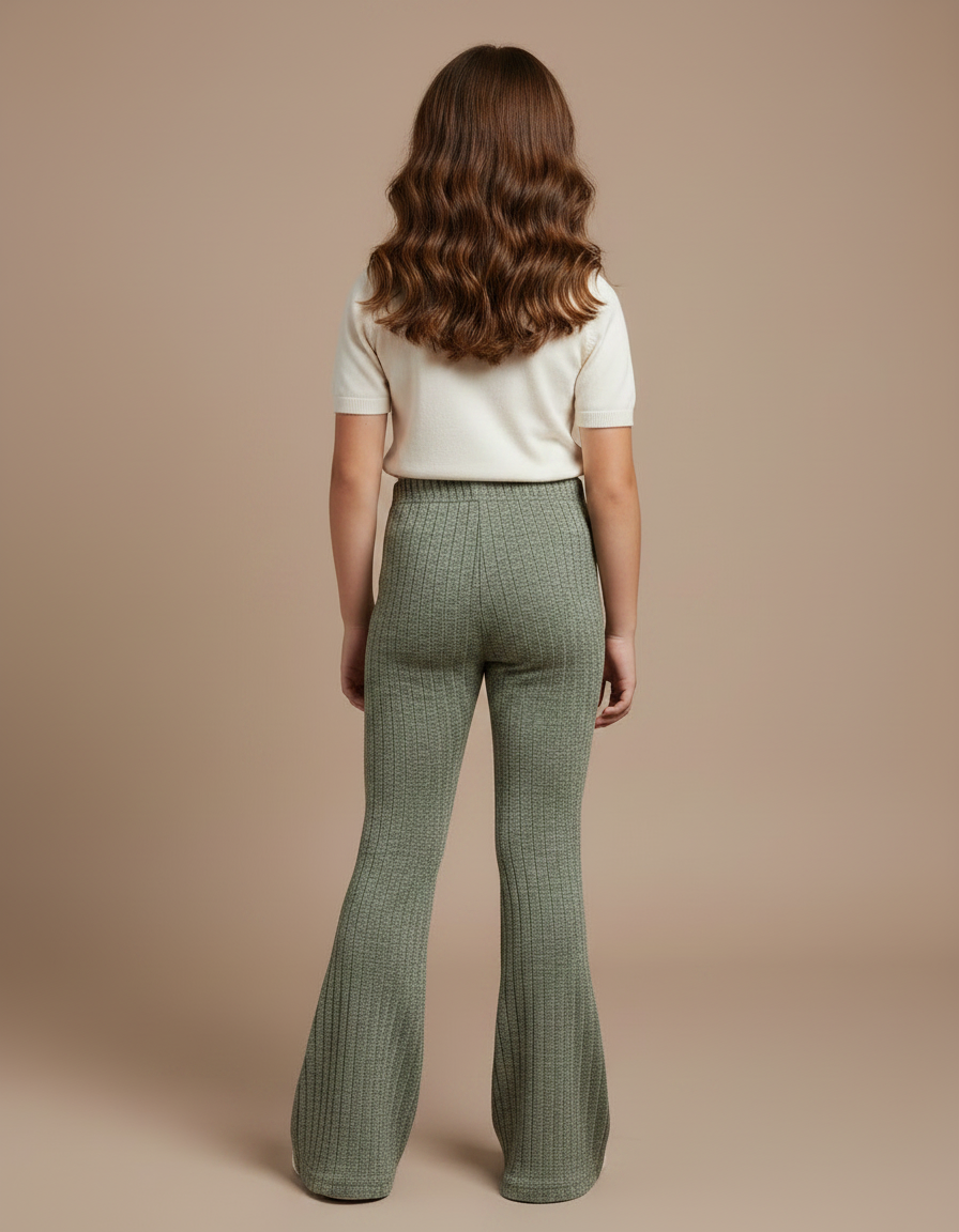 Pantalon Patte D'Éléphant Vert Côtelé Taille Haute Évasé - Cordé - vue 2