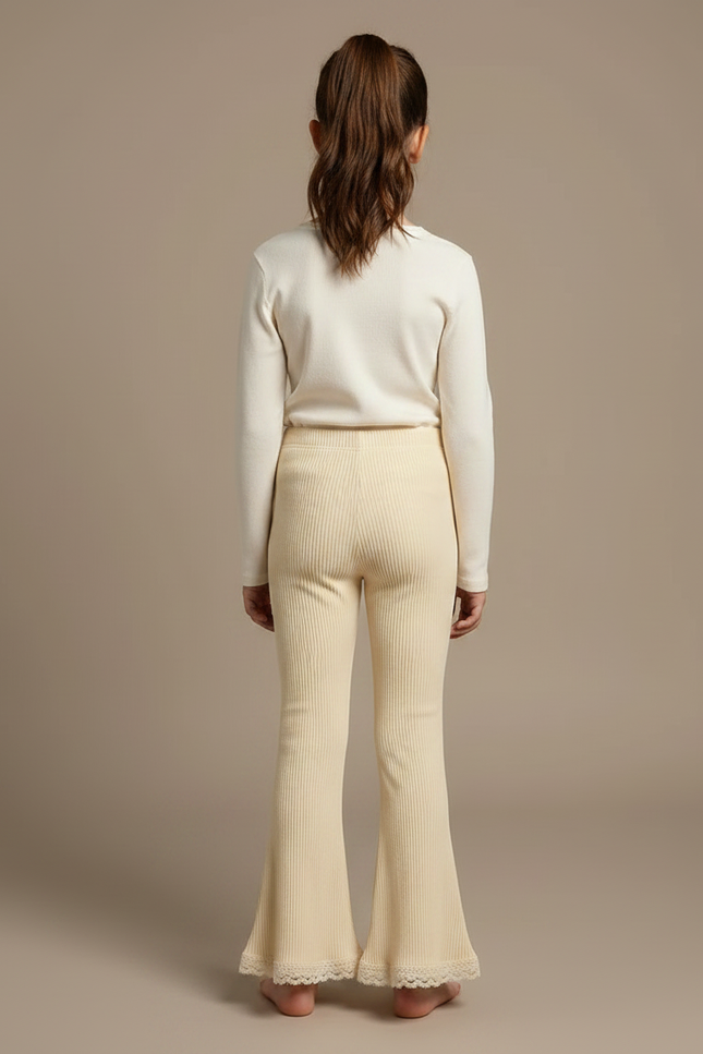 Pantalon Patte D'Éléphant Écru Côtelé Évasé Dentelle Fille - Beige Maille - vue 2