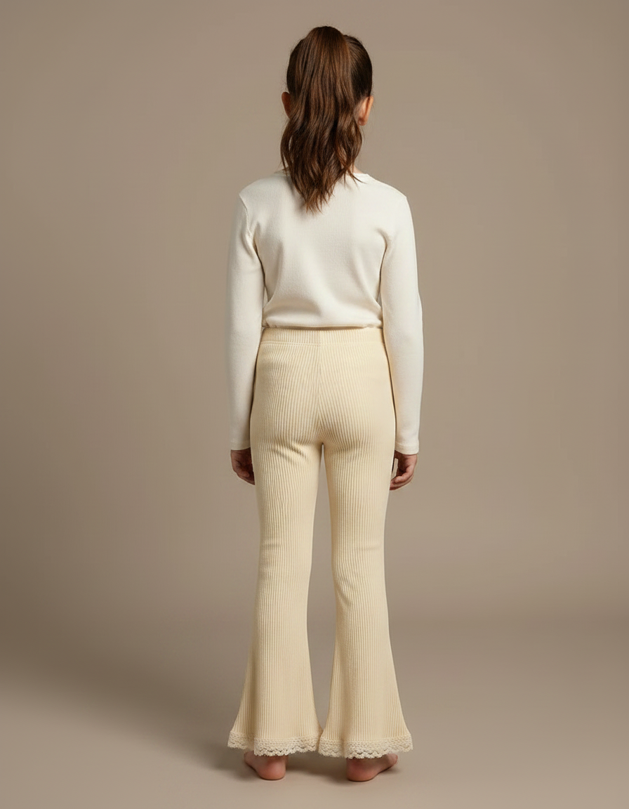 Pantalon Patte D'Éléphant Écru Côtelé Évasé Dentelle Fille - Beige Maille - vue 2