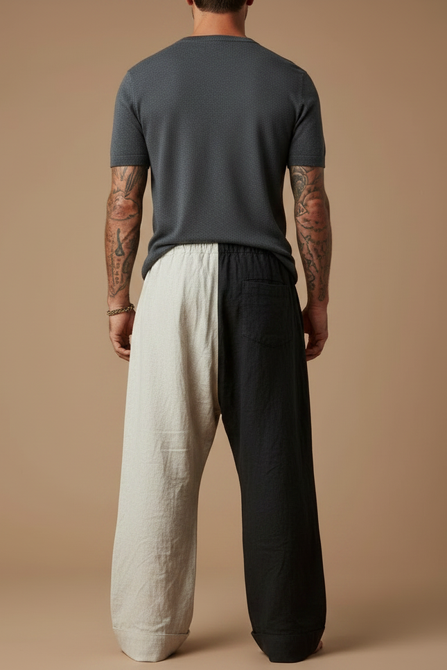 Pantalon Patte D'Éléphant Bicolore Ethnique Ample Cordon Lin - Multicolore - vue 2