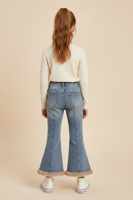 Pantalon Patte D'Éléphant Jean Évasé Cœur Fourrure Fille - Bleu - vue 2