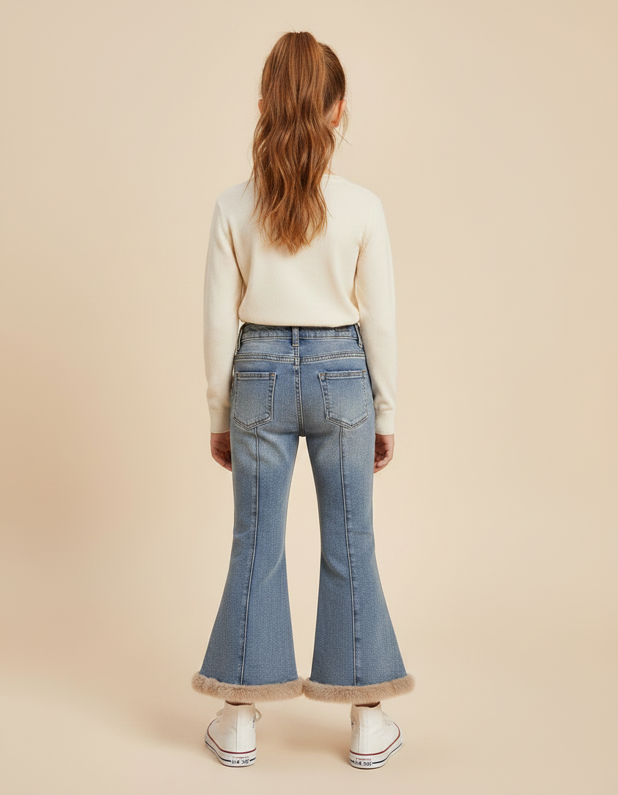 Pantalon Patte D'Éléphant Jean Évasé Cœur Fourrure Fille - Bleu - vue 2