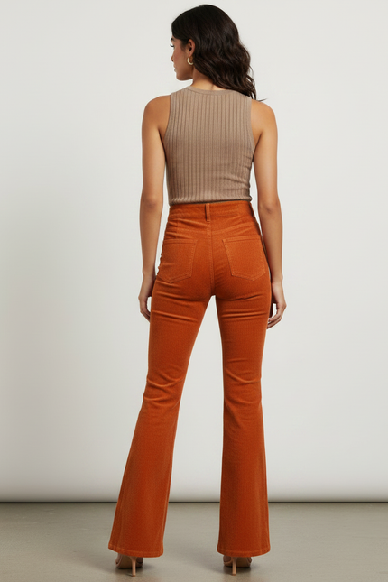Pantalon Patte D'Éléphant Côtelé Orange Taille Haute Slim Rétro - Cordé - vue 2