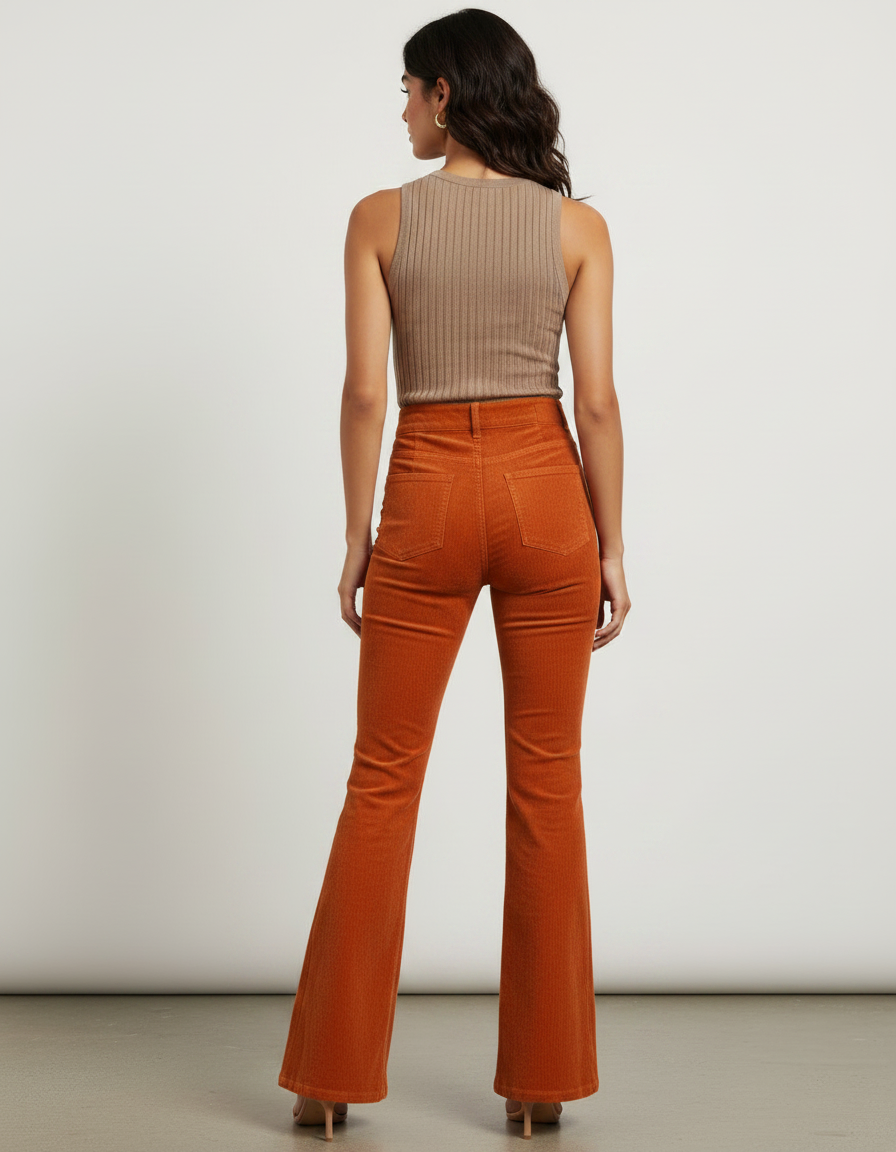 Pantalon Patte D'Éléphant Côtelé Orange Taille Haute Slim Rétro - Cordé - vue 2