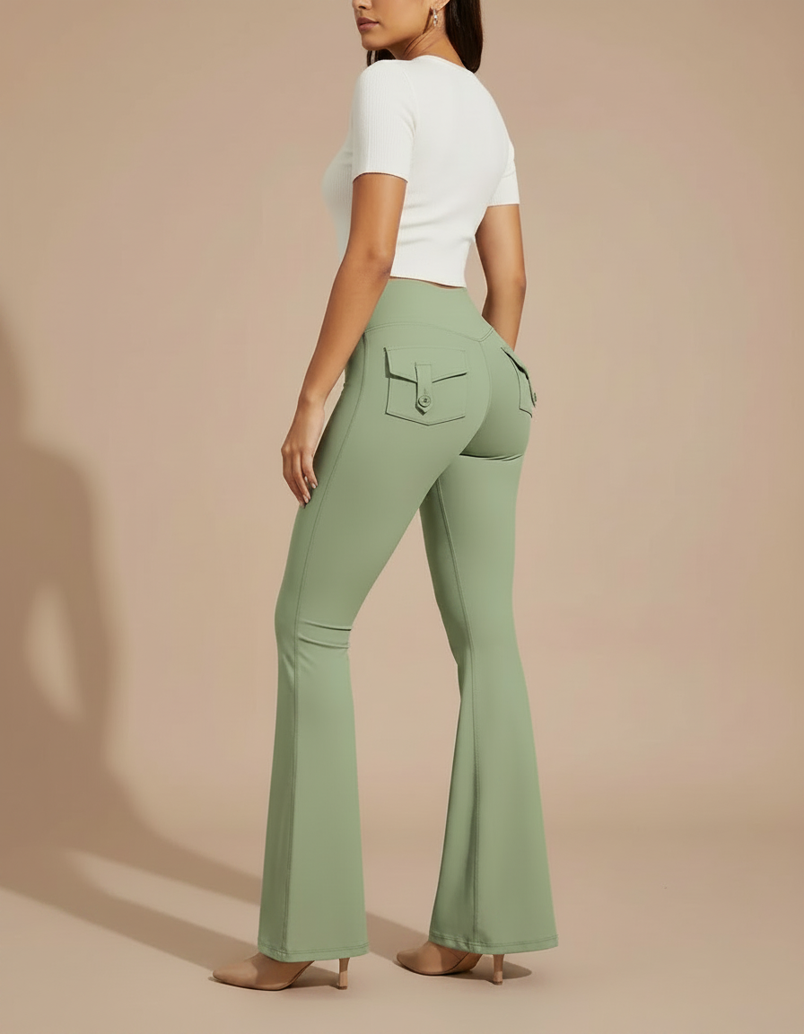 Pantalon Patte D'Éléphant Vert Kaki Évasé Taille Haute Poches - Polyester - vue 2