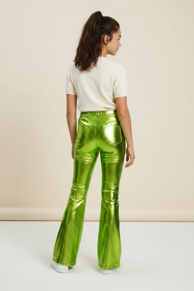 Pantalon Patte D'Éléphant Vert Métallique Brillant Évasé - Polyester - vue 2