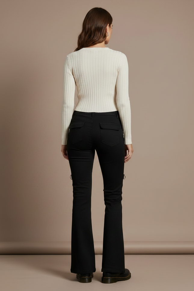 Pantalon Patte D'Éléphant Noir Évasé Anneaux Métal - Gabardine - vue 2