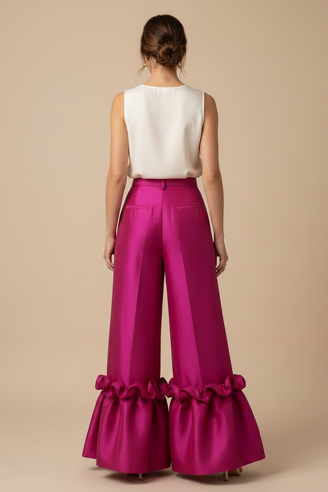 Pantalon Patte D'Éléphant Fuchsia Satiné Volants Élégant - Rose - vue 2
