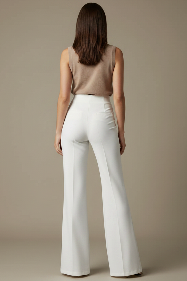 Pantalon Patte D'Éléphant Blanc Taille Haute Boutons Dorés Élégant - Polyester - vue 2