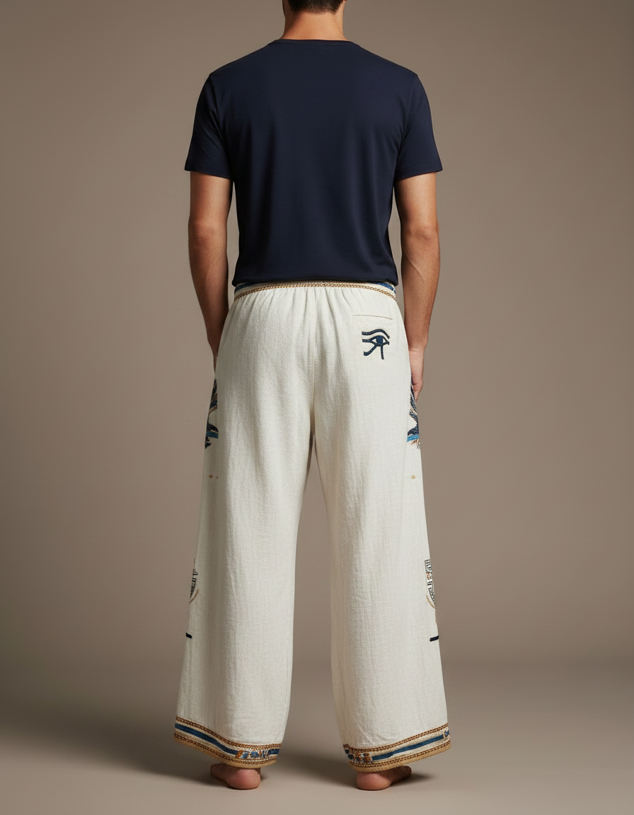 Pantalon Patte D'Éléphant Beige Lin Brodé Ethnique Ample Homme - vue 2
