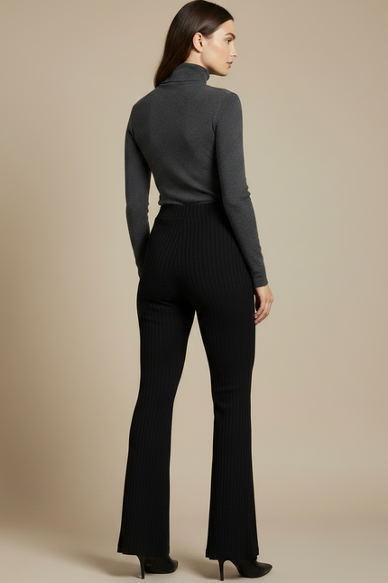 Pantalon Patte D'Éléphant Noir Côtelé Tricoté Slim Évasé - Maille - vue 2