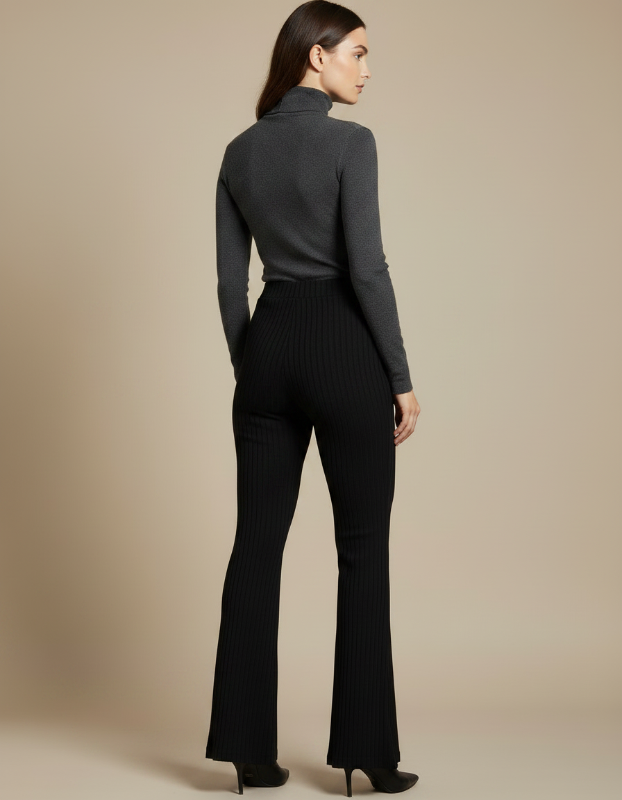 Pantalon Patte D'Éléphant Noir Côtelé Tricoté Slim Évasé - Maille - vue 2