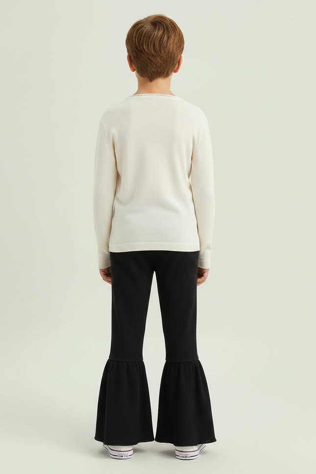 Pantalon Patte D'Éléphant Noir Côtelé Volants Élastique Enfants - Maille - vue 2