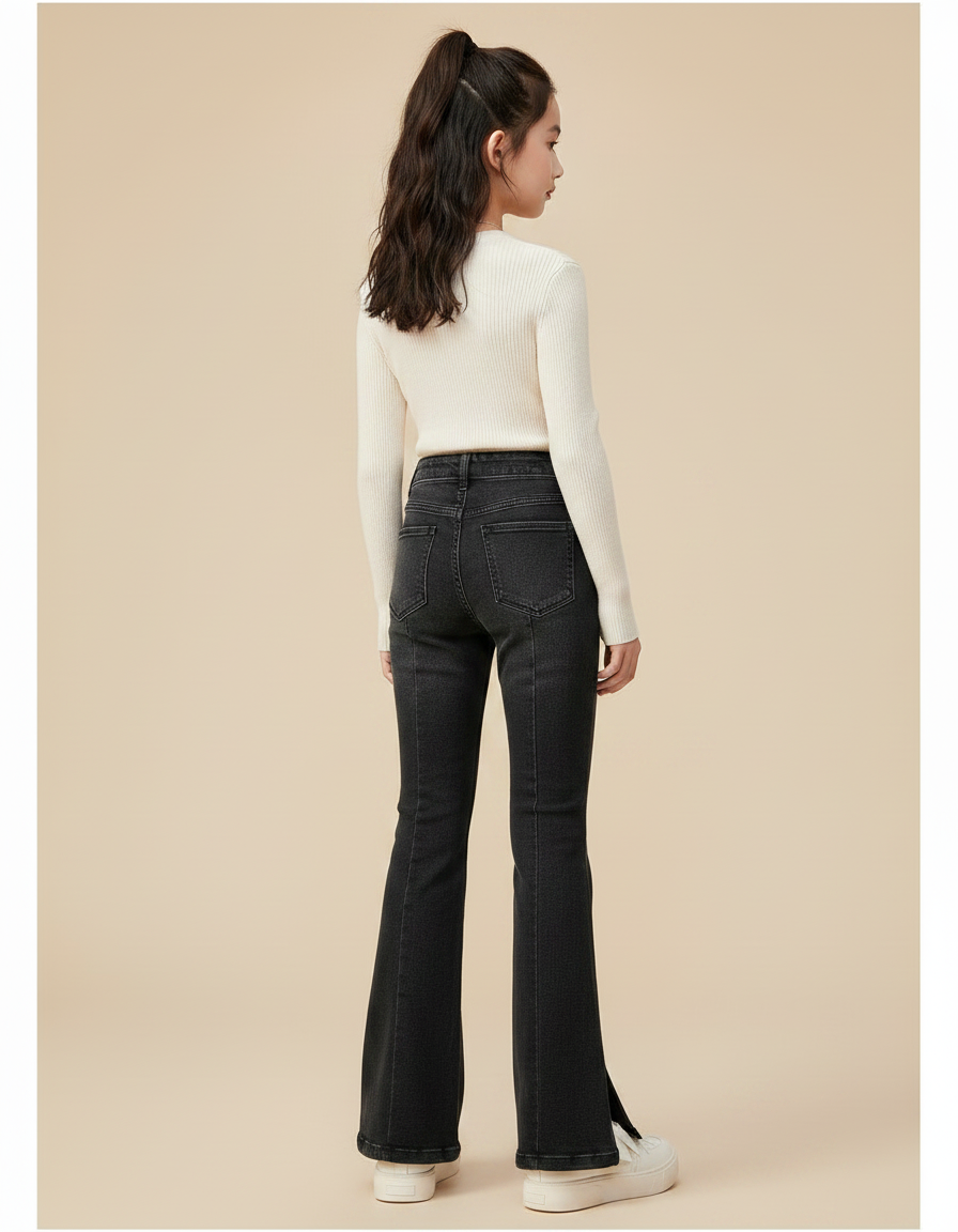 Pantalon Patte D'Éléphant Noir Denim Fendu Fille Élégant - Jean - vue 2