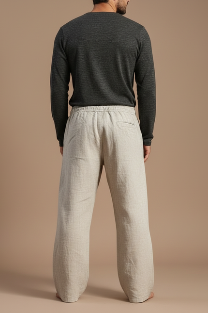 Pantalon Patte D'Éléphant Beige Brodé Lion Ethnique Ample Homme - Lin - vue 2