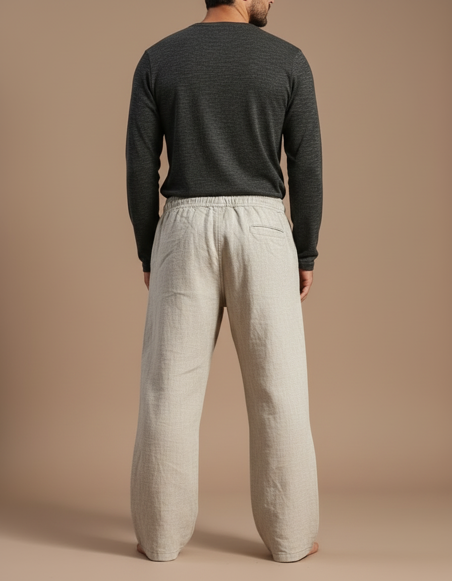 Pantalon Patte D'Éléphant Beige Brodé Lion Ethnique Ample Homme - Lin - vue 2