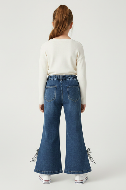 Pantalon Patte D'Éléphant Denim Évasé Nœuds Pois Fille - Bleu Jean - vue 2