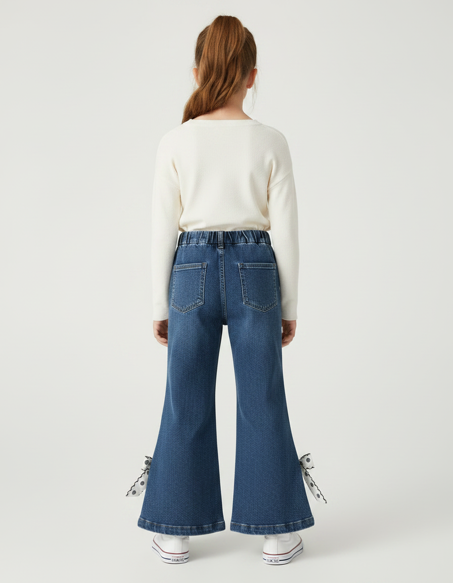 Pantalon Patte D'Éléphant Denim Évasé Nœuds Pois Fille - Bleu Jean - vue 2