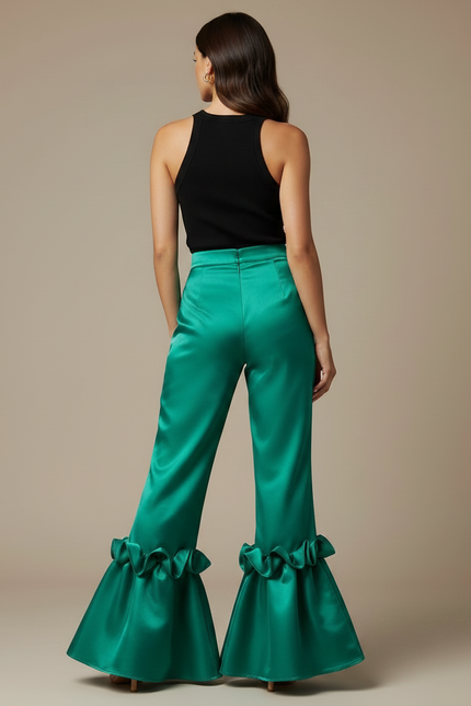 Pantalon Patte D'Éléphant Vert Émeraude Satiné Volants Élégant - vue 2