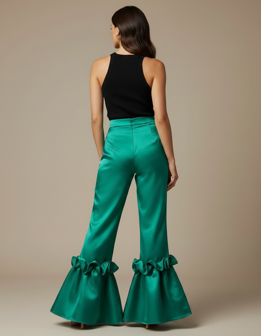 Pantalon Patte D'Éléphant Vert Émeraude Satiné Volants Élégant - vue 2