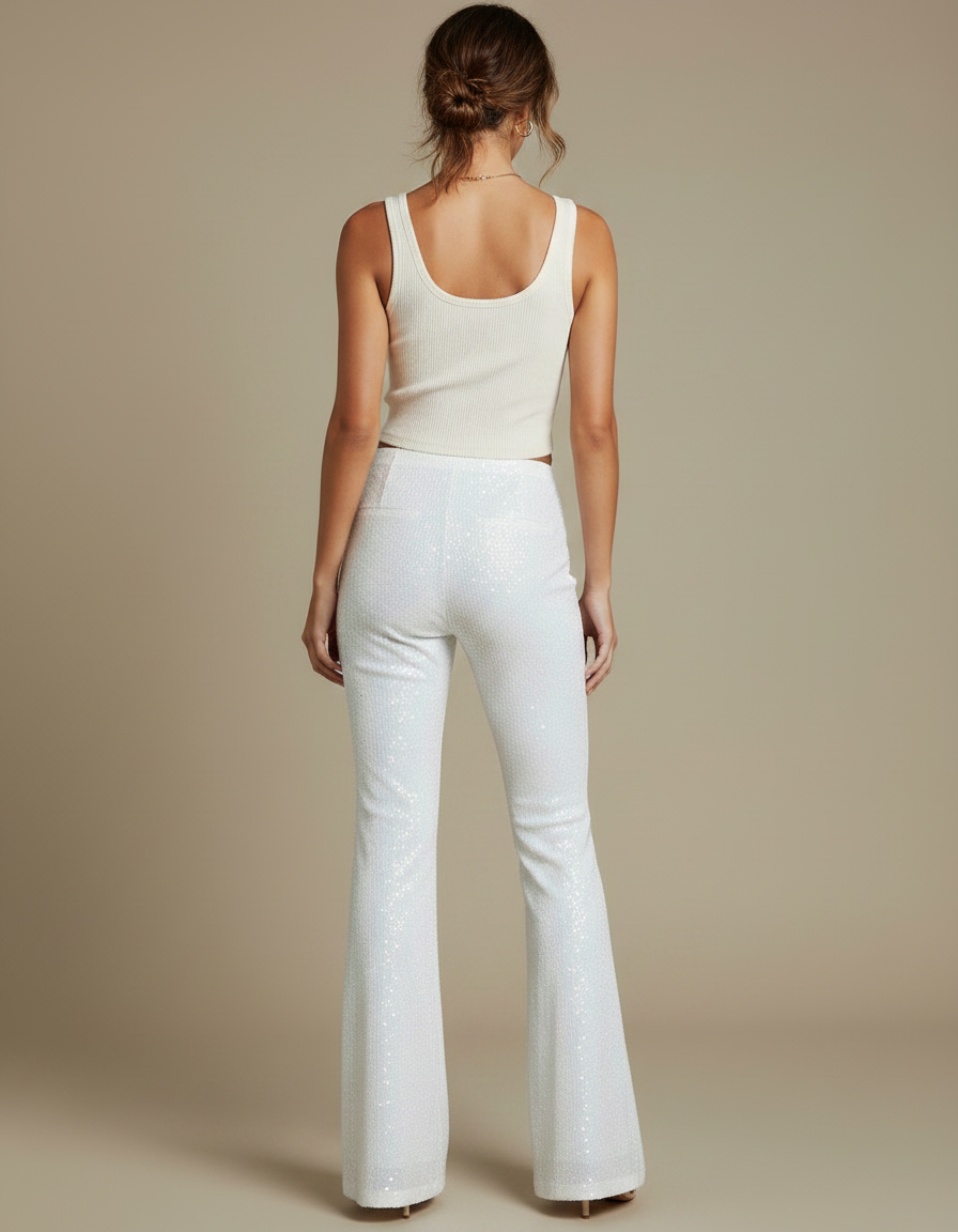 Pantalon Patte D'Éléphant Blanc Pailleté Taille Haute Évasé - Maille - vue 2