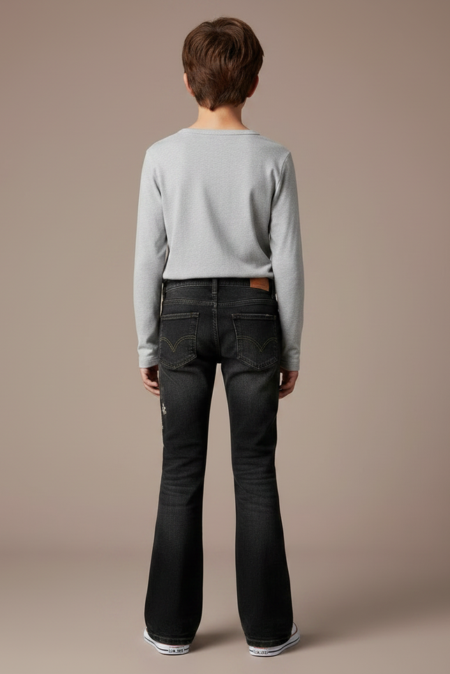 Pantalon Patte D'Éléphant Noir Brodé Fleuri Décontracté Enfant - Jean - vue 2