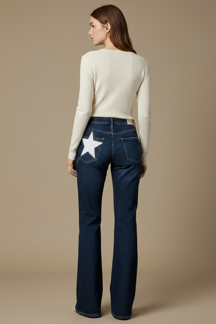 Pantalon Patte D'Éléphant Bleu Denim Étoile Blanche Évasé - Jean - vue 2