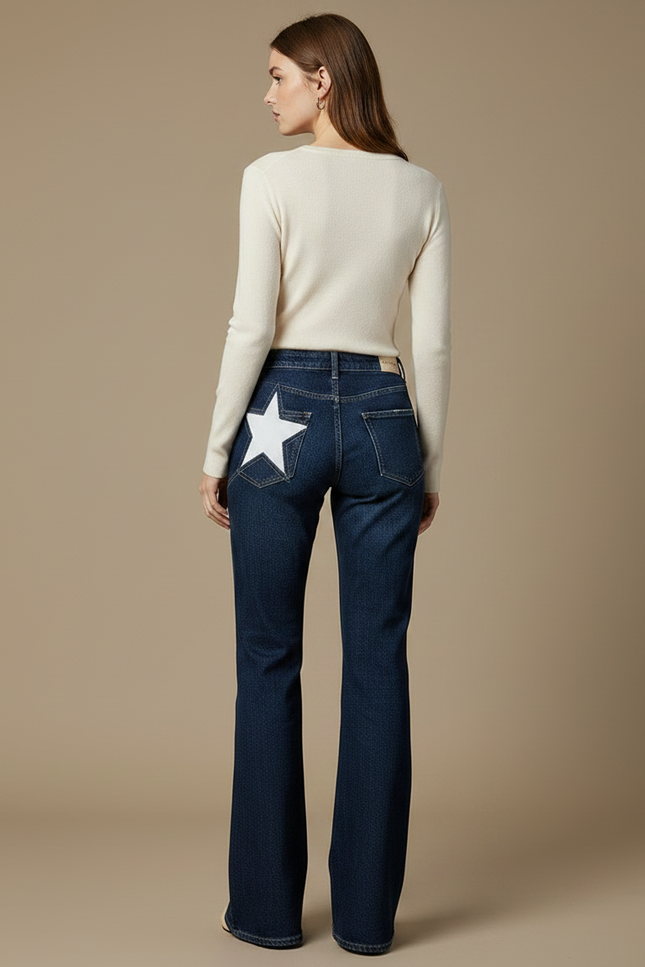 Pantalon Patte D'Éléphant Bleu Denim Étoile Blanche Évasé - Jean - vue 2
