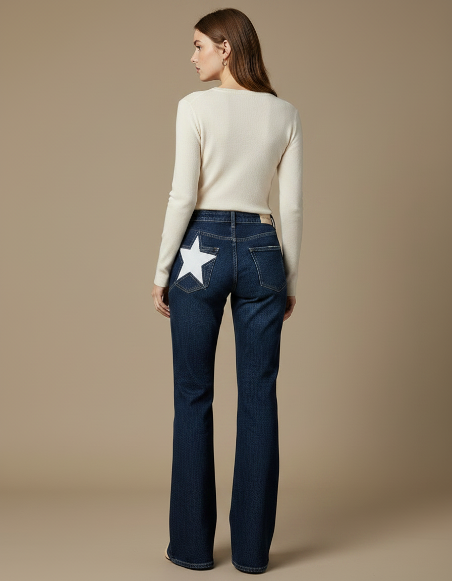 Pantalon Patte D'Éléphant Bleu Denim Étoile Blanche Évasé - Jean - vue 2