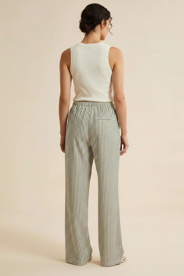 Pantalon Patte D'Éléphant Rayé Fluide Taille Haute Décontracté - Imprimé Lin - vue 2