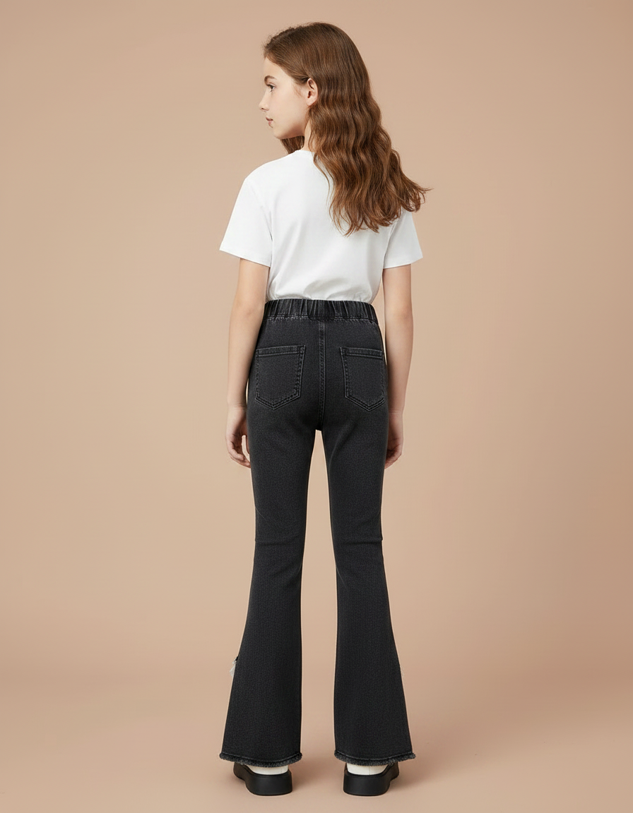 Pantalon Patte D'Éléphant Denim Noir Évasé Volants Fille - Jean - vue 2