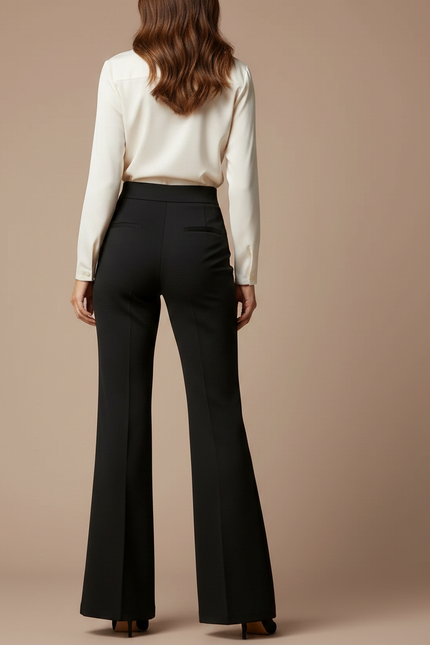 Pantalon Patte D'Éléphant Noir Taille Haute Boutons Dorés Élégant - Gabardine - vue 2