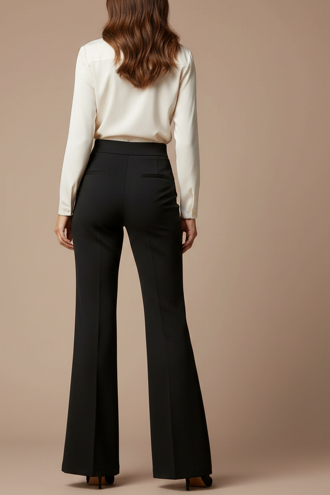 Pantalon Patte D'Éléphant Noir Taille Haute Boutons Dorés Élégant - Gabardine - vue 2