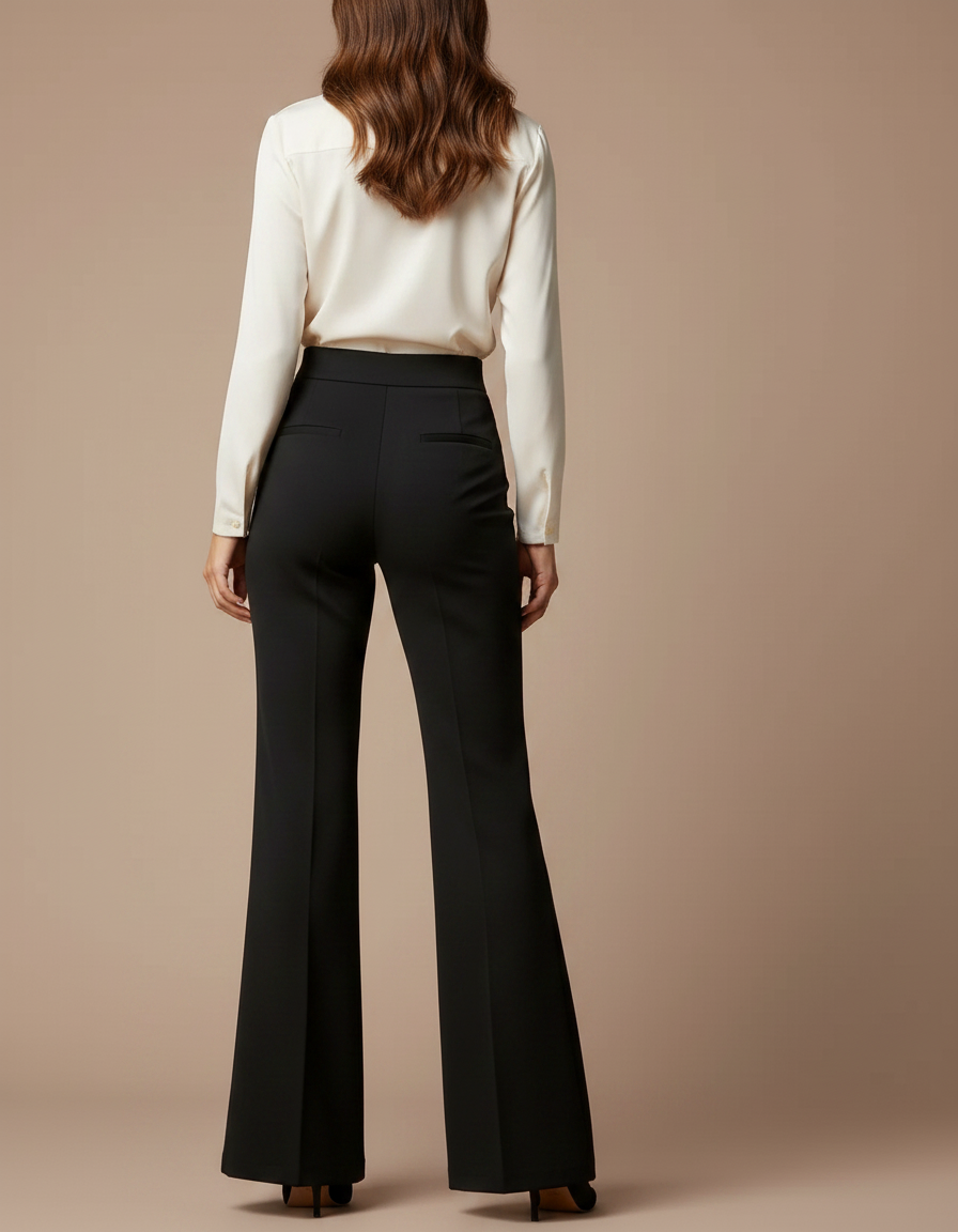 Pantalon Patte D'Éléphant Noir Taille Haute Boutons Dorés Élégant - Gabardine - vue 2