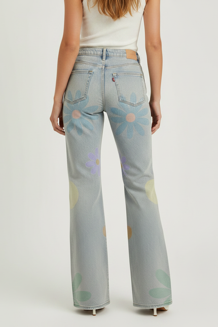 Pantalon Patte D'Éléphant Bleu Fleuri Délavé Taille Haute - Jean - vue 2
