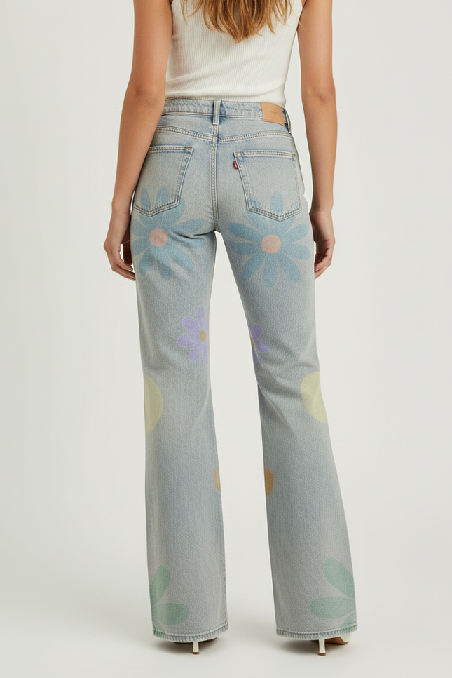 Pantalon Patte D'Éléphant Bleu Fleuri Délavé Taille Haute - Jean - vue 2