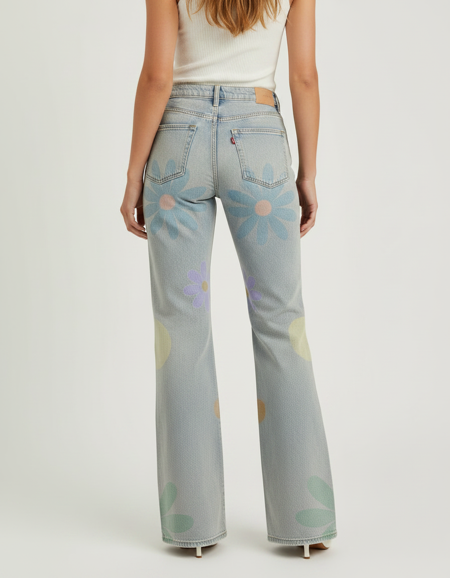Pantalon Patte D'Éléphant Bleu Fleuri Délavé Taille Haute - Jean - vue 2